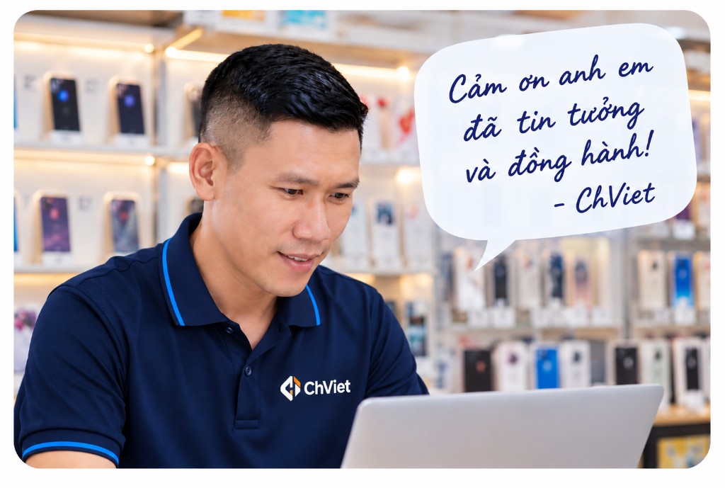 Người làm ChViet tại cửa hàng điện thoại, với lời cảm ơn anh em đã tin tưởng và đồng hành.