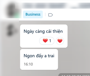 Tin nhắn Zalo của chủ shop: Ngày càng cải thiện. Ngon đấy a trai.