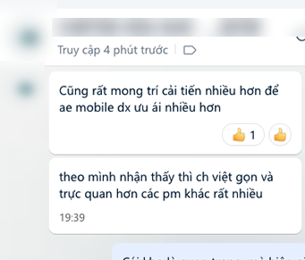 Tin nhắn Zalo của chủ shop: Cũng rất mong trí cải tiến nhiều hơn để ae mobile dx ưu ái nhiều hơn. Theo mình nhận thấy thì ch việt gọn và trực quan hơn các pm khác rất nhiều.